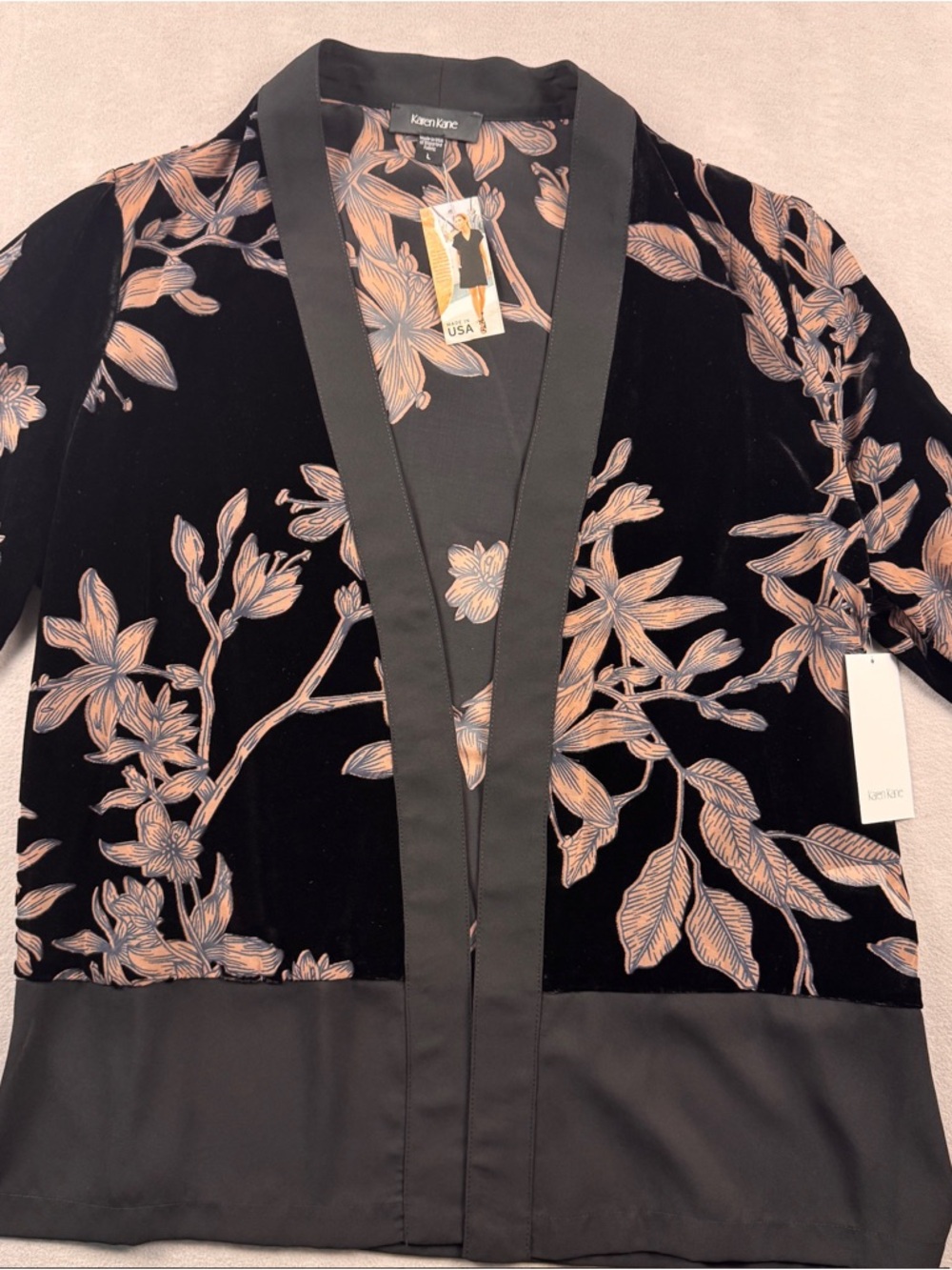 Karen Kane Womens L Cherry Blossom Contrast Jacket Black Velour Polyester Blend
